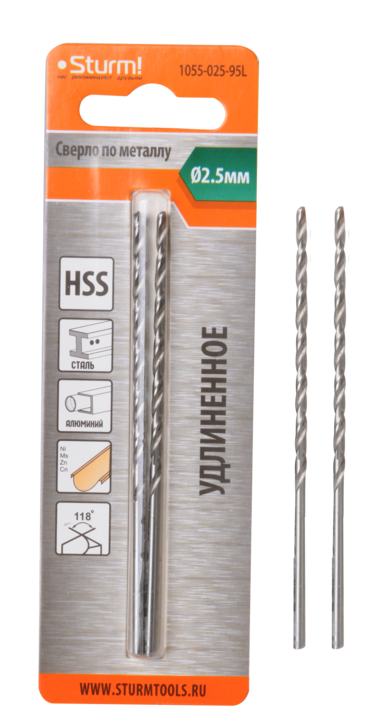 Cверло по металлу Sturm! 2,5х95 мм, сталь HSS, удлинен., 118° ,блистер 2 шт