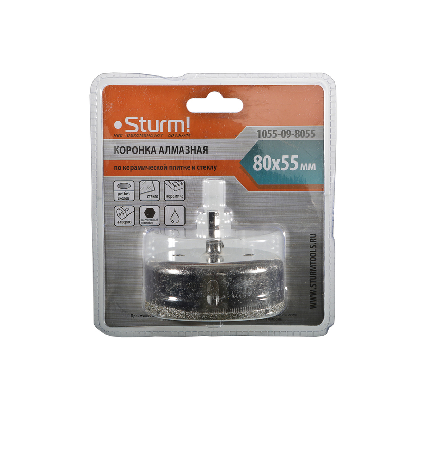 Коронка алмазн. По керам. Плитке и стеклу 80 х 55 мм,  с центрир. Сверл. Sturm!