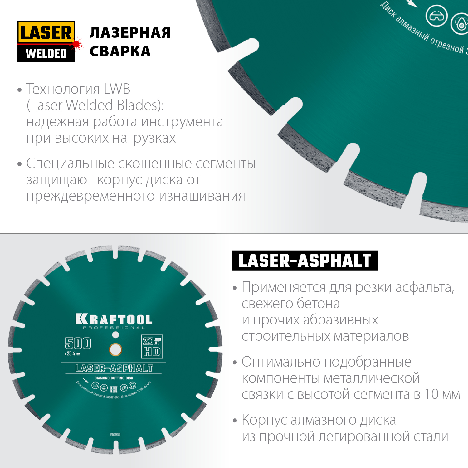 KRAFTOOL LASER-ASPHALT 500 мм (25.4/20 мм, 10х4.5 мм), алмазный диск (36687-500)