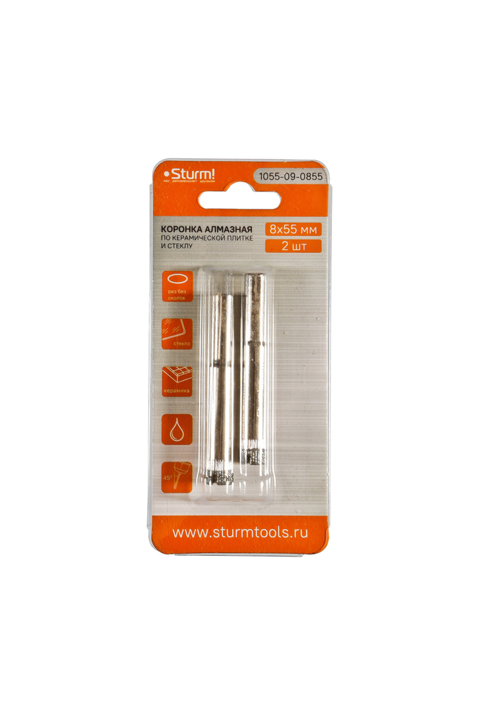 Коронка алмазн. По керам. Плитке и стеклу 8 х 55 мм, 2 шт., блистер, Sturm!