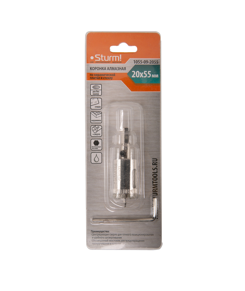 Коронка алмазн. По керам. Плитке и стеклу 20 х 55 мм, с центрир. Сверл. Sturm!